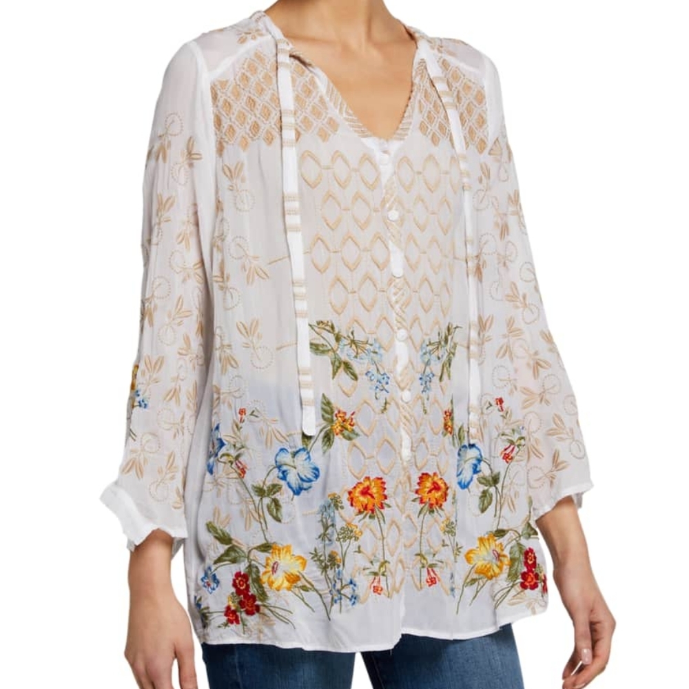 JOHNNY WAS LUCA blouse. White w/multicolored embroidery. Sz xs, but oversized.